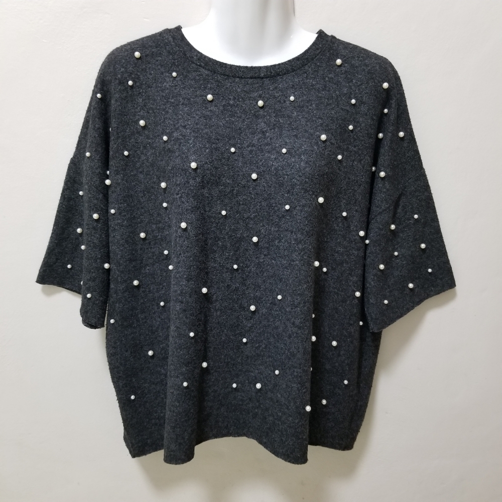 Zara Trafaluc Pullover Sweater Top Boxy Dark Gray Beaded Embellished Crew Knit M